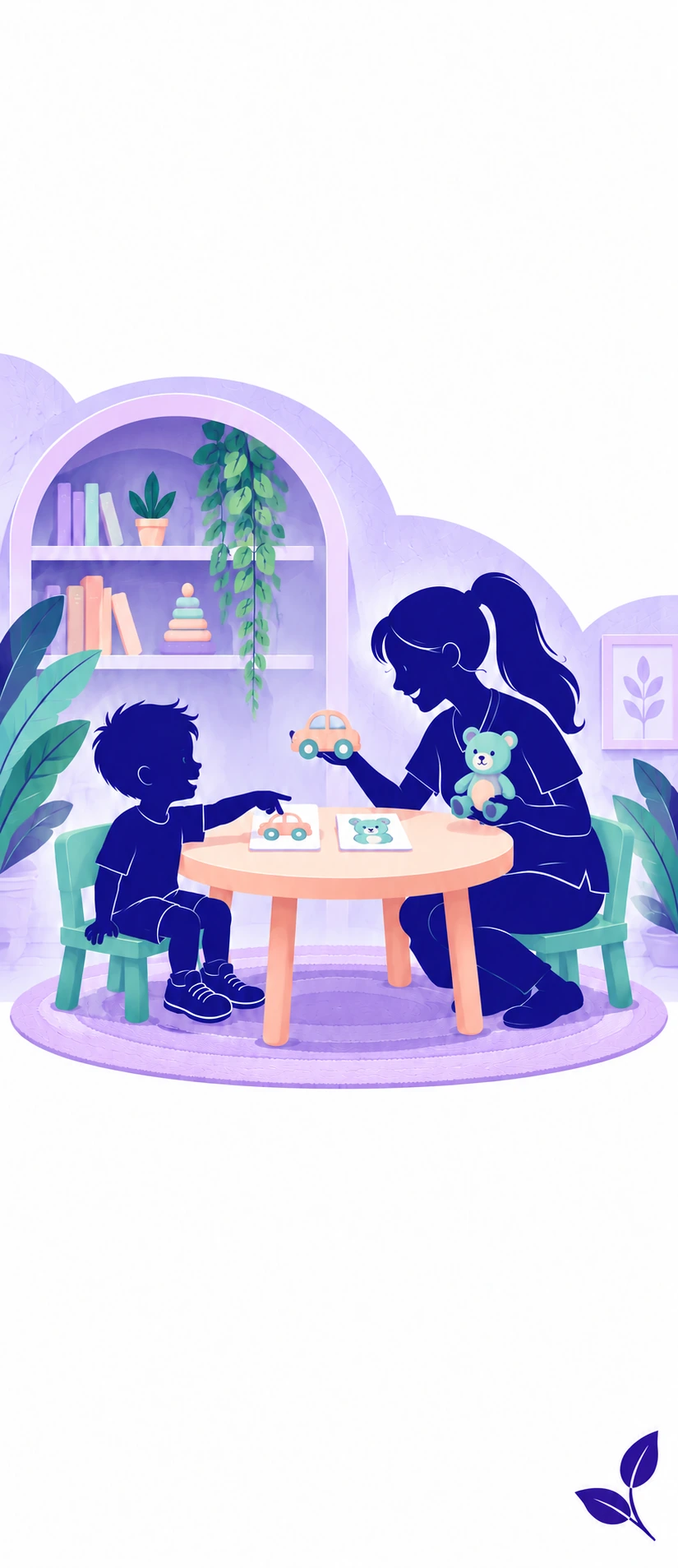 Illustration of a child choosing toys with a therapist