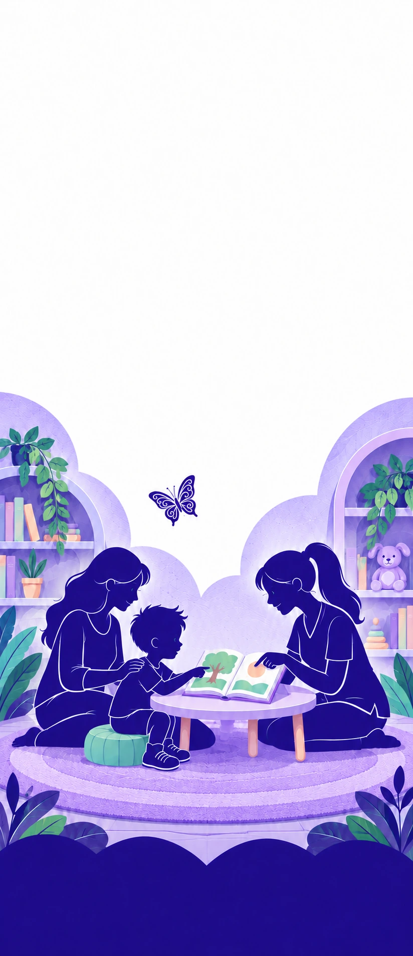 Illustration of a child learning through a shared activity with a caregiver and therapist
