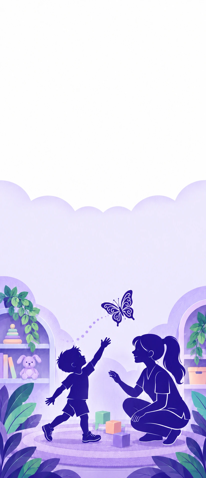Illustration of a child reaching toward a butterfly beside a therapist