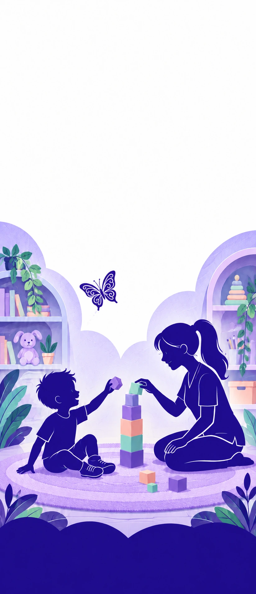 Illustration of a child and therapist building with colorful blocks