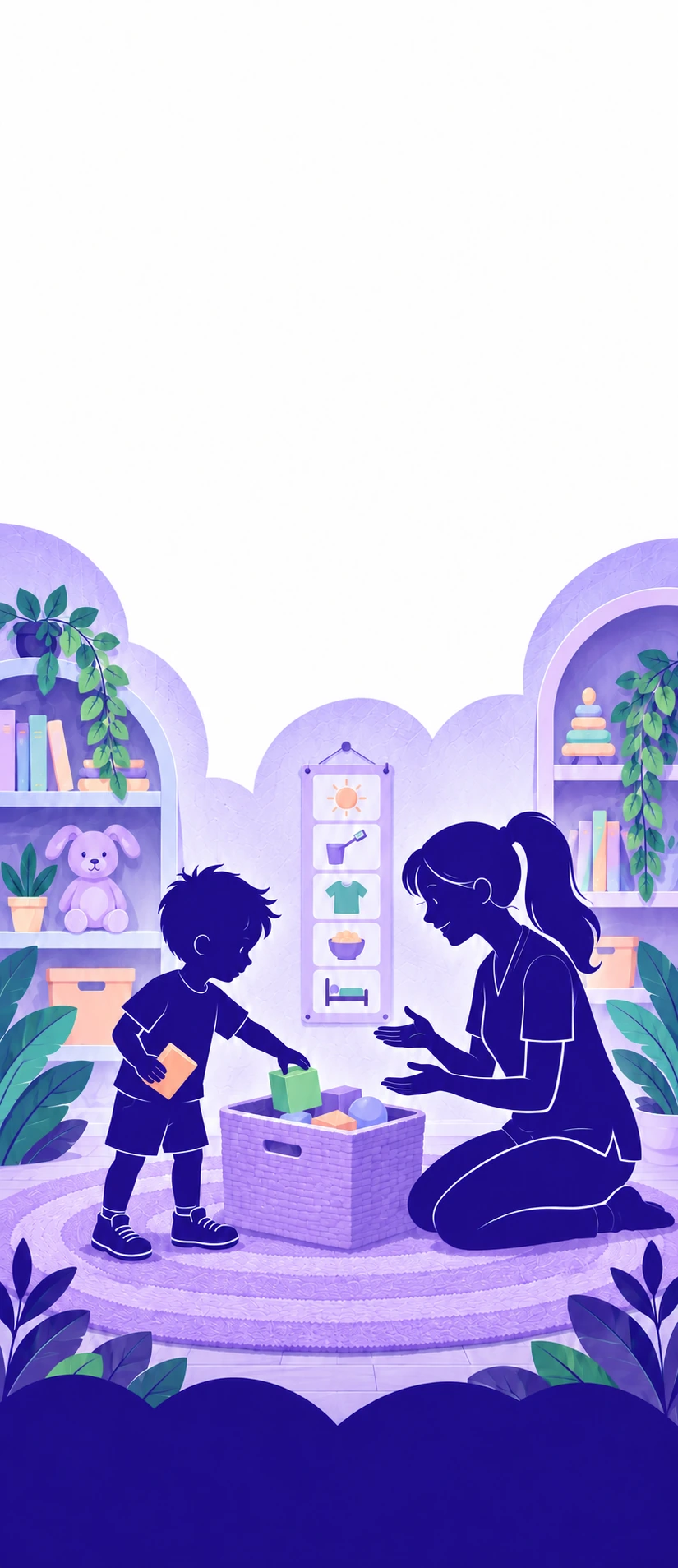 Illustration of a child practicing a daily routine with a therapist